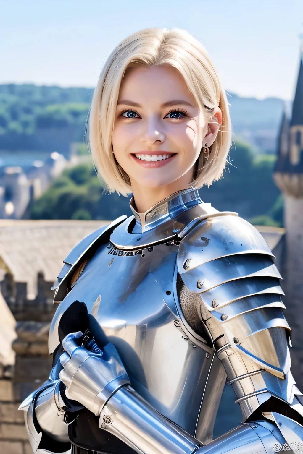 ８Ｋ、highest quality、female knight、The background is a castle、Luxurious Silver Armor、heavy equipment、hairstyle short cut、smile、beautiful teeth、full body photo、ear piercing、white woman、blonde、blue eyeouth open

