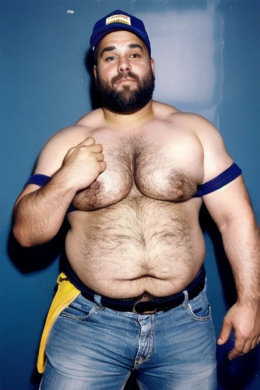 Just plump, chubby, extremely thick thighs, large belly, vestindo uma regata branca, Turkish construction worker male daddy,