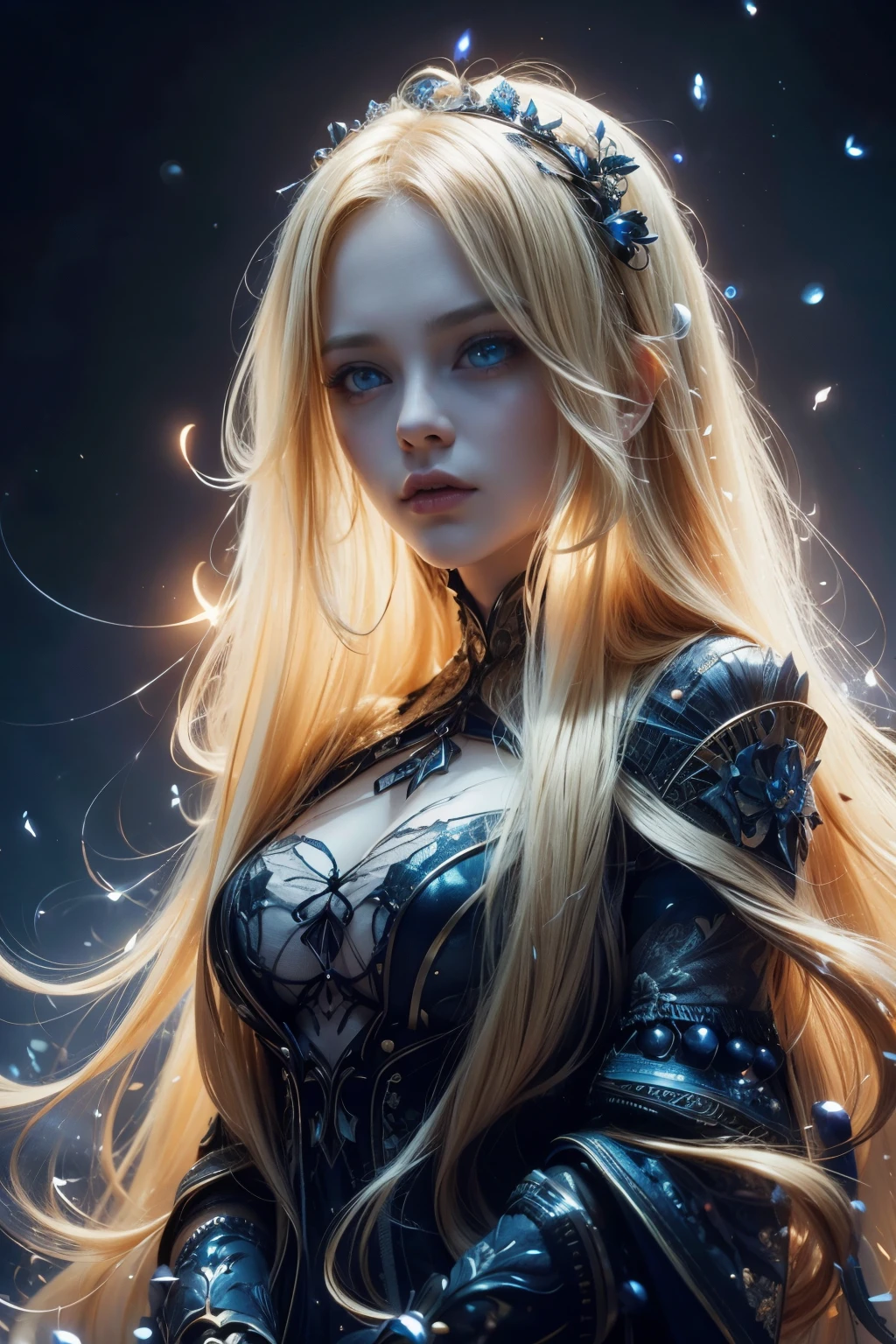 (extremely detailed CG unity 8k wallpaper,masterpiece, best quality, ultra-detailed),(best illumination, best shadow, an extremely delicate and beautiful),floating,high saturation,blonde hair+blue eyes:1.2,gloomy gothic scenery, long hair, gaze into the distance. (A beautiful girl with long blonde hair and blue eyes sparkling gothic lighting)