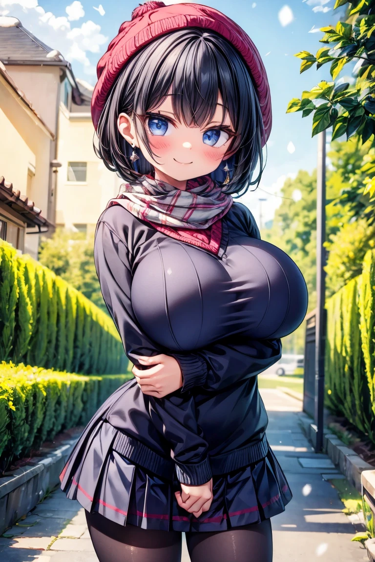 20 year old female、(masterpiece:1.4)、(highest quality:1.4)、ultra high resolution、A little anime style、beautiful features、black short bob、knit hat、scarf、earrings、sweater、pleated skirt、black tights、(huge breasts:1.1)、red face、smile、stand、arms behind body、that&#39;It&#39;s snowing、garden