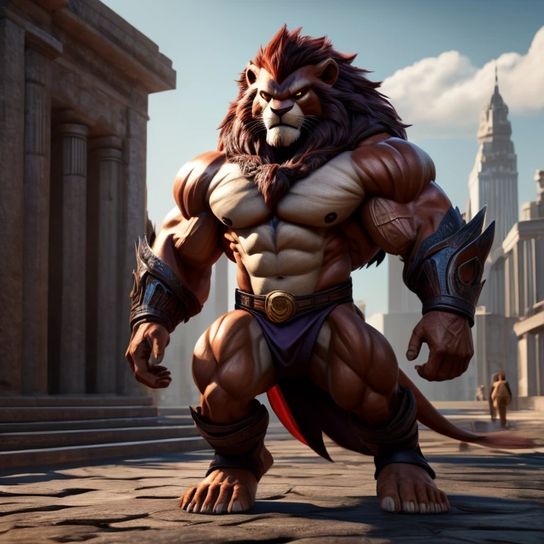 (Melhor qualidade,4K,8k,high resolution,obra de arte:1.2),ultra-detalhado,(realista,Sobre Fotoreal,photo-realista:1.37), HA Uma imagem realista de Lion-o dos thundercats, super gigante musculoso, with muscular arms, olhos azuis, uma cauda, super peludo de pelo marrom, com as veias saltando, barefoot, em seu castelo, visto de frente, ombros largos, giant toned physique, roupas apertadas rasgando, sombras, dynamic lighting, cores vibrantes, ambiente urbano, fundo de chuva, pele molhada e brilhante, vapor subindo do corpo, Postura poderosa, imposing presence, veias musculares estourando