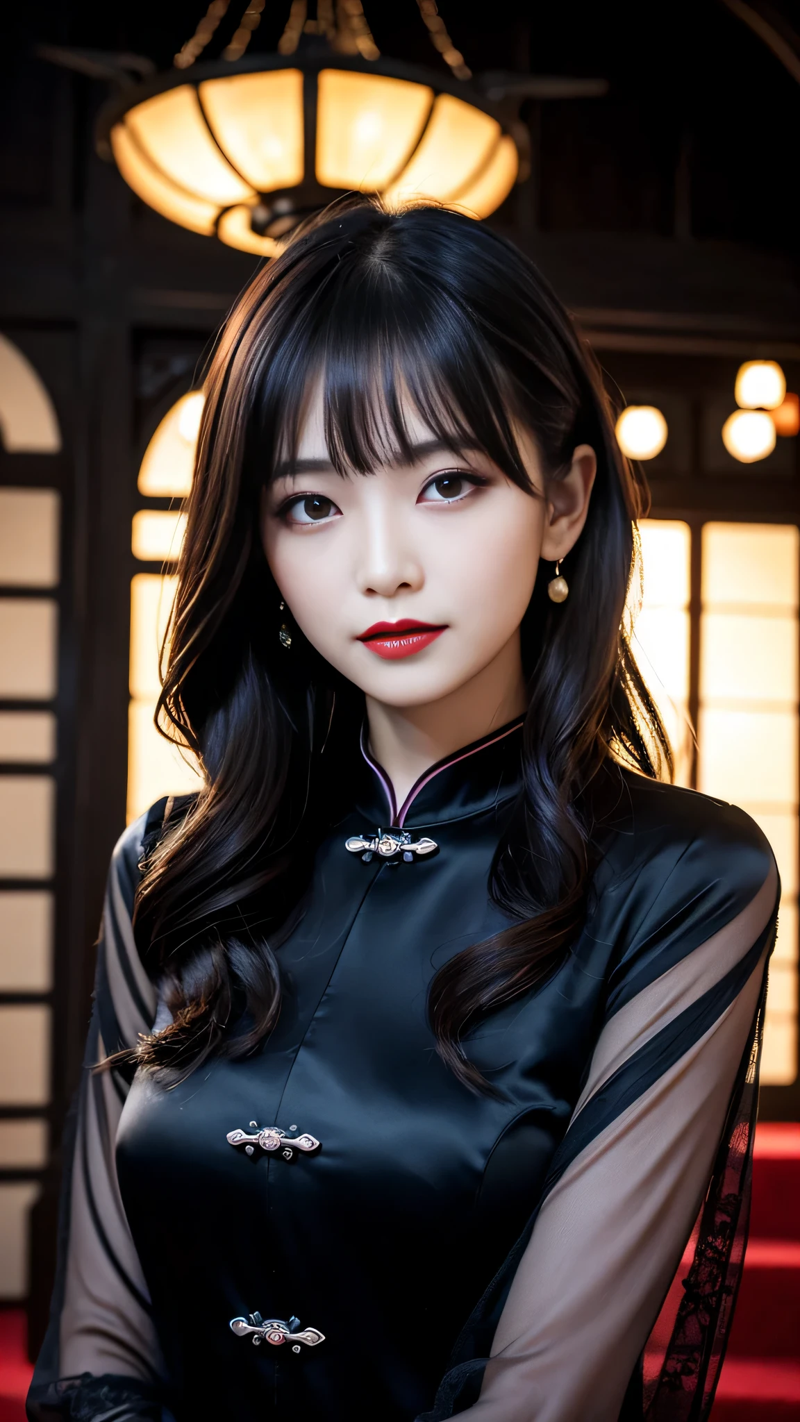 tra-detailed、2girls、Japanese、attractive beauty、seductive adult woman、pretty woman、piercing eyes、cool girl、wavy hair、swept bangs、Long Black Cheongsam、wide sleeves、Evil cadres、evil depravity、brainwash、mind control、lipstick、lip gloss、dark makeup、smirk、whisper in your ear、Evil expression、evil、hollow eyes,half-closed eyes、empty eyes、evil、church at night、vampire、succubus、vampire、Swear allegiance、stand