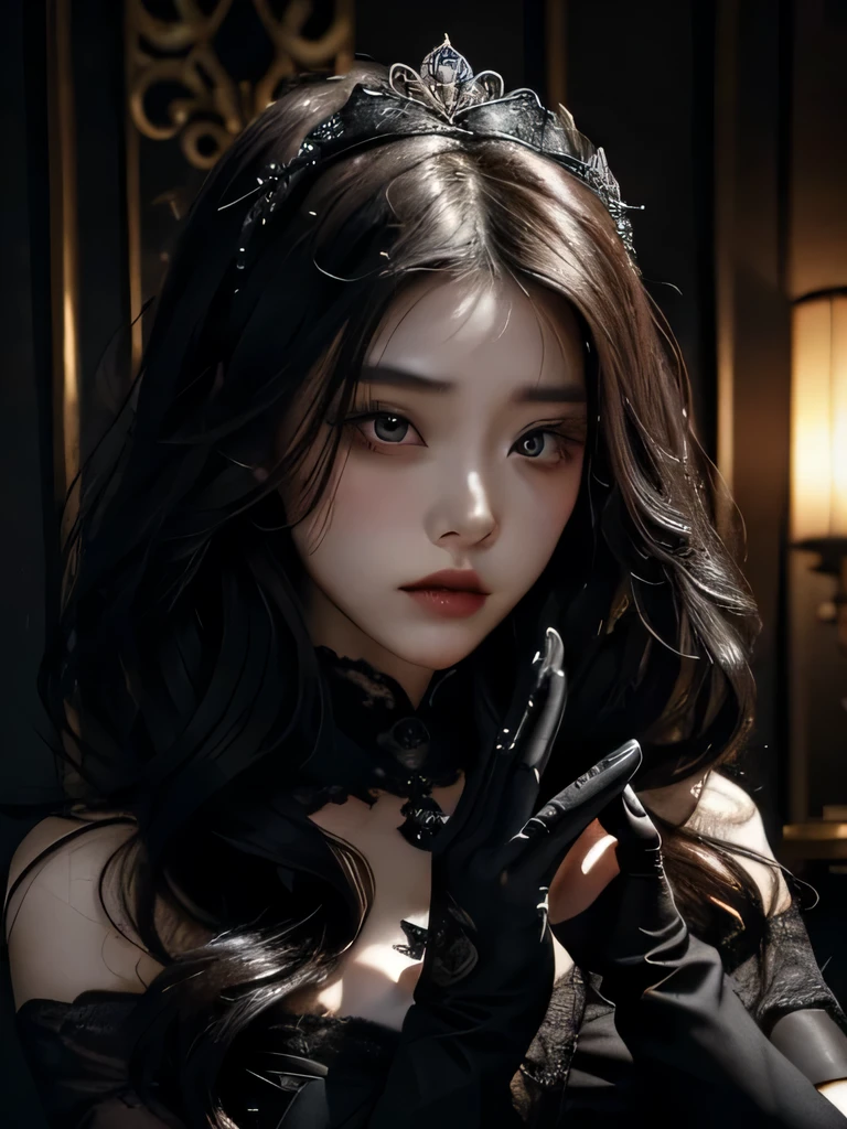 A close up of a woman in a black dress, her hands adorned with gloves, exudes an air of mystery and intrigue. Graced by the brush of Yang J, this image of a cruel Korean goth girl comes to life, her pale complexion contrasting sharply with the darkness of her attire. Fan Bingbing's fierce and enchanting gaze pierces through the frame, as if daring you to challenge her authority.

Sakimichan's masterpiece showcases a gothic maiden, the intricate details of her flowing black dress and delicate gloves revealing her dedication to capturing the essence of gothic elegance. The eyes of the pale goth