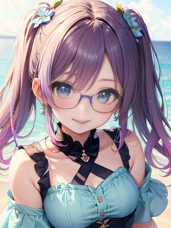 Glasses、小さなgirl、The arrival of spring、big butt、 (alone:1.5,)Super detailed,bright colors, very beautiful detailed anime face and eyes, look straight, ;d, shiny_skin,girl, ((gradient hair, , Half blue、half pink hair: 1.2)), 、forehead is exposed.、green eyes、、shiny hair, delicate beautiful face, blush、(turquoise eyes), White skin, Valletta, earrings,、blue flower field、(((Floral、summer clothes、purple mini skirt)))、twin tails、smile、happy face、face dyed red