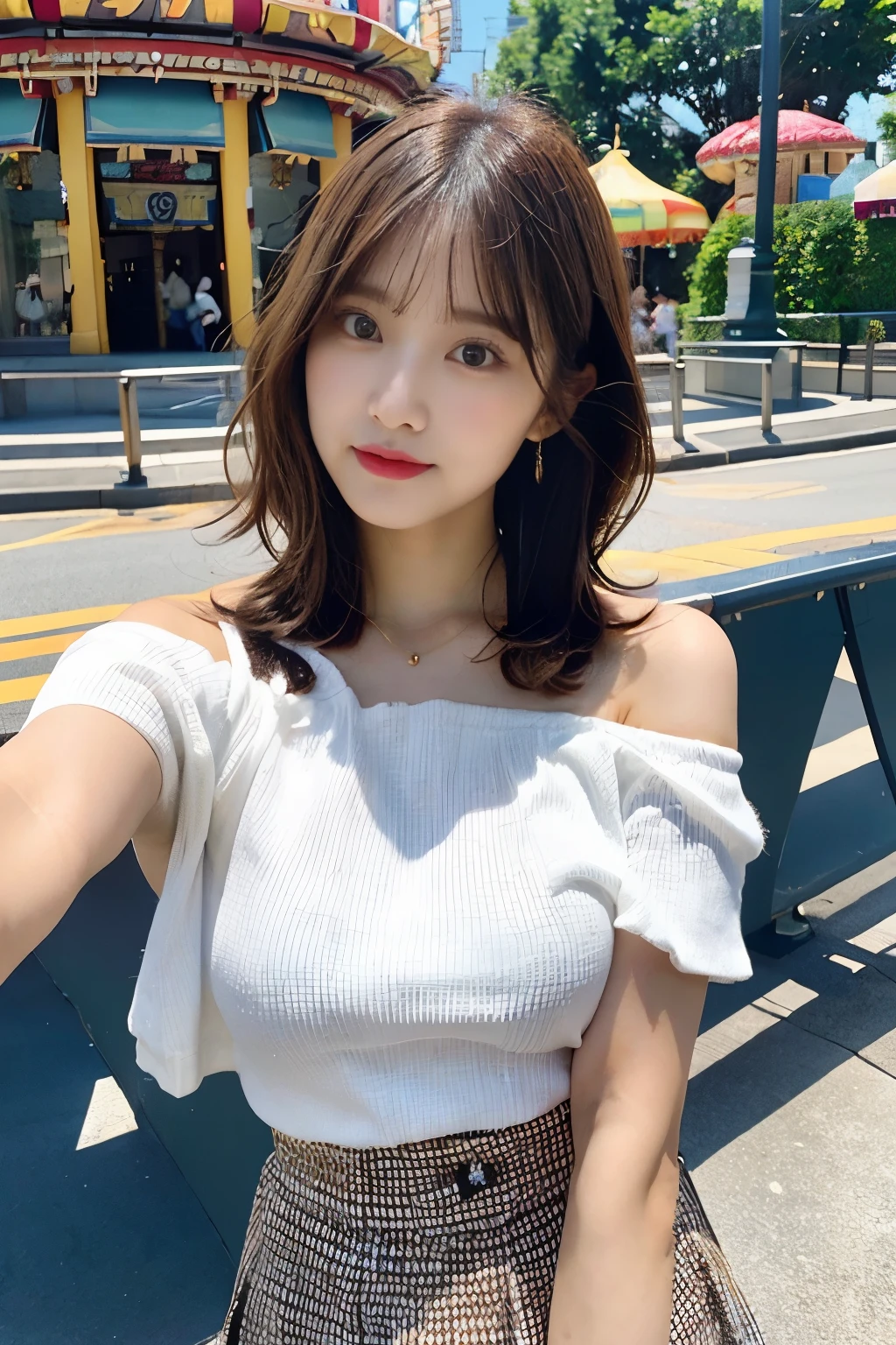 highest quality、超A high resolution、Photoreal、1 Idol Girl、With a round face、White lace loose shirt with off-shoulder chest accentuation、Tight Skirt、Amusement park roller coaster background、Take a selfie with a camera in hand、Video taken with my camera、selfie photo、(reddish brown wavy bob cut hair、floating hair)、huge breasts、selfie close up、look at the audience、