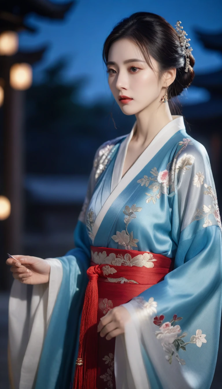 A middle-aged Chinese woman, Hanfu, Sad expr ession The woman cried), outdoor, night, Ghastl y, dim environment, 8K, Masterpiece, the best q uality, 8K, high tone, super detail, realistic,