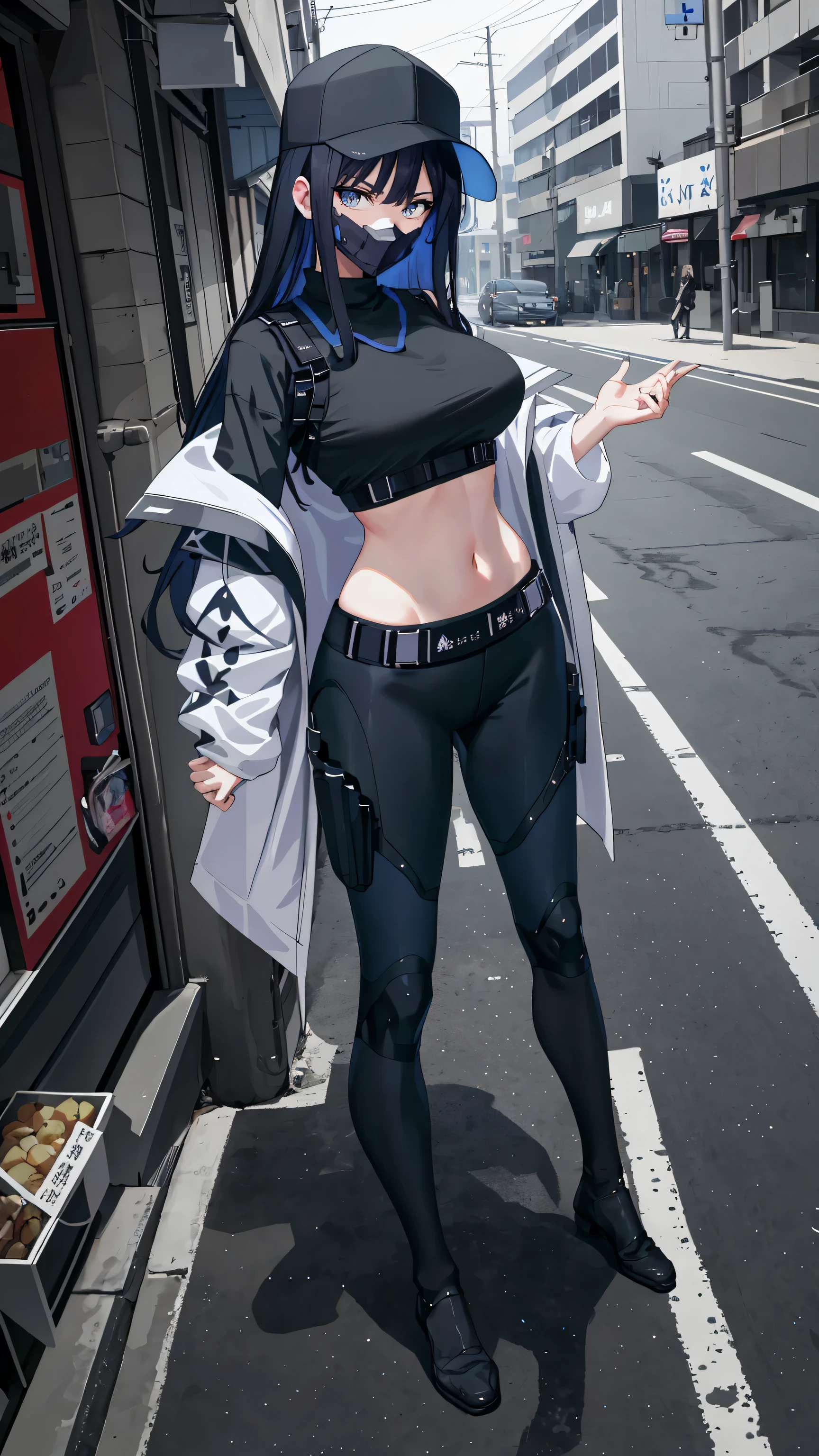 Masterpiece, best quality, high resolution, 1 woman , Saori , long black hair , cap , Black cropped shirt , mask , trousers , abdomen , big breasts , shoe , Stand with feet hips... , alley , roadside 