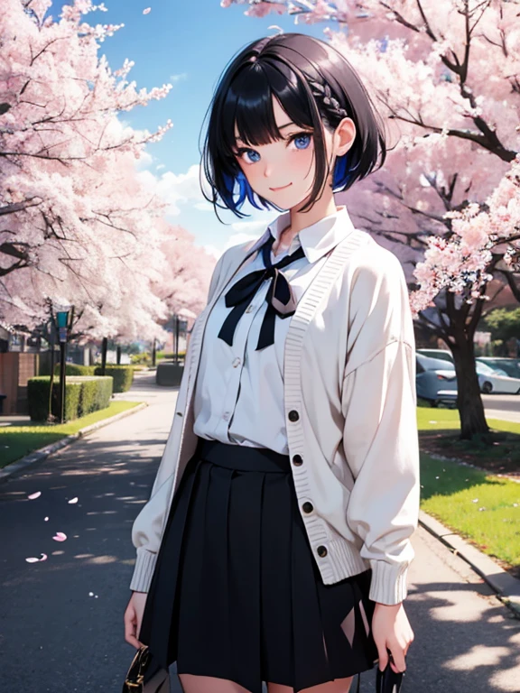 smile!1 girl,albino, cute, black hair、beautiful, short hair, blue eyes, hair with ribbon,night light ((8K, Hmm, surreal))、Add orange braids to your hair、One piece skirt、wearing a cardigan、I'It'Cherry blossoms become more energetic!