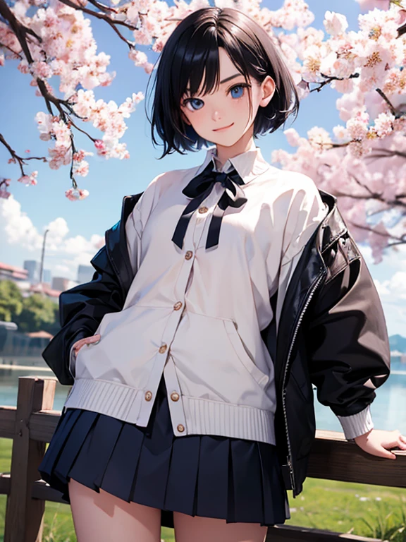 smile!1 girl,albino, cute, black hair、beautiful, short hair, blue eyes, hair with ribbon,night light ((8K, Hmm, surreal))、Add orange braids to your hair、One piece skirt、wearing a cardigan、I'It'Cherry blossoms become more energetic!