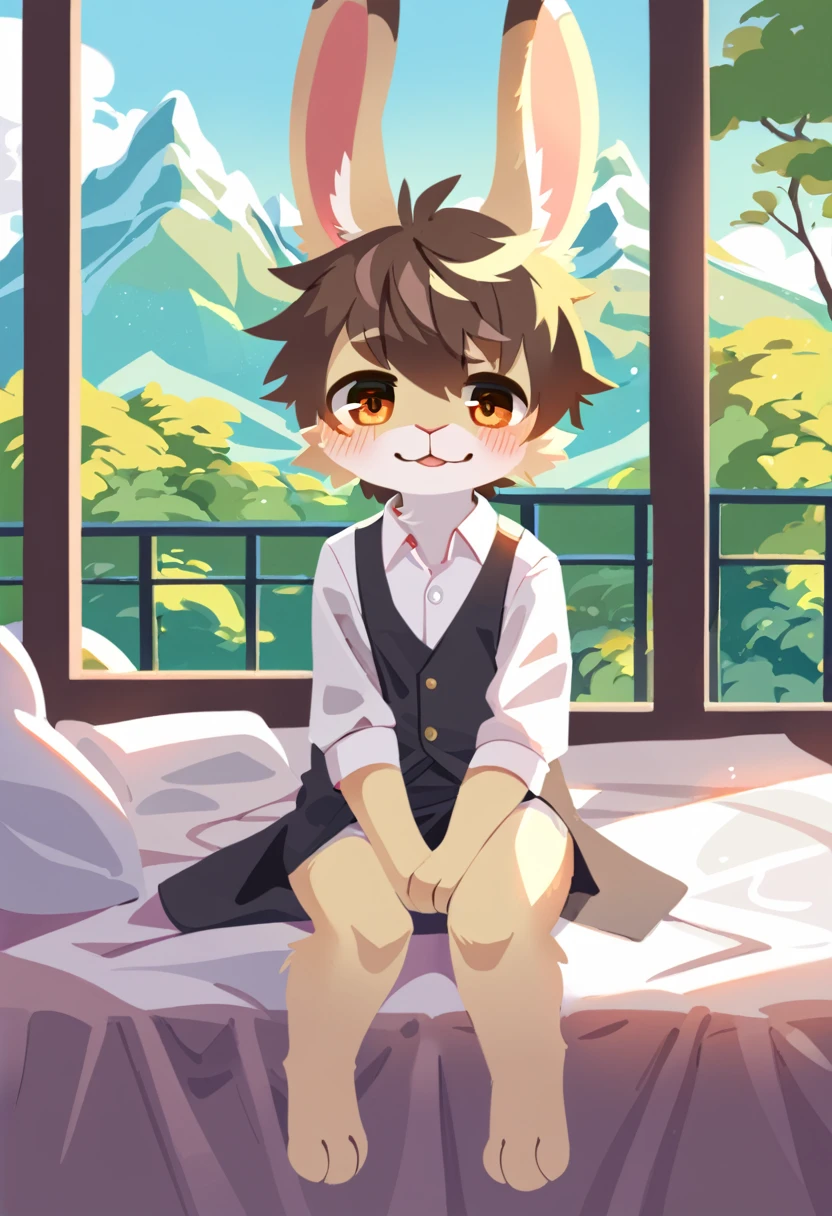 lagomorph, leporid, mammal, rabbit, rating: explicit, nsfw, kemono, clothing, clothed, anthro, male, solo, young, young_anthro, young_male, shota, blush, hair, fur, tail, genital_fluids, bodily_fluids, looking_at_viewer.
BREAK
light_theme, colorful, day, inside, bedroom, on_bed, landscape, nature, scenery, scenery_porn, amazing_background, detailed_background.
BREAK
newest, 2023, absurd_res, hi_res, masterpiece, best_quality, high_quality, detailed, ai_assisted, digital_painting_\(artwork\), soft_shading, lineless, shadow.