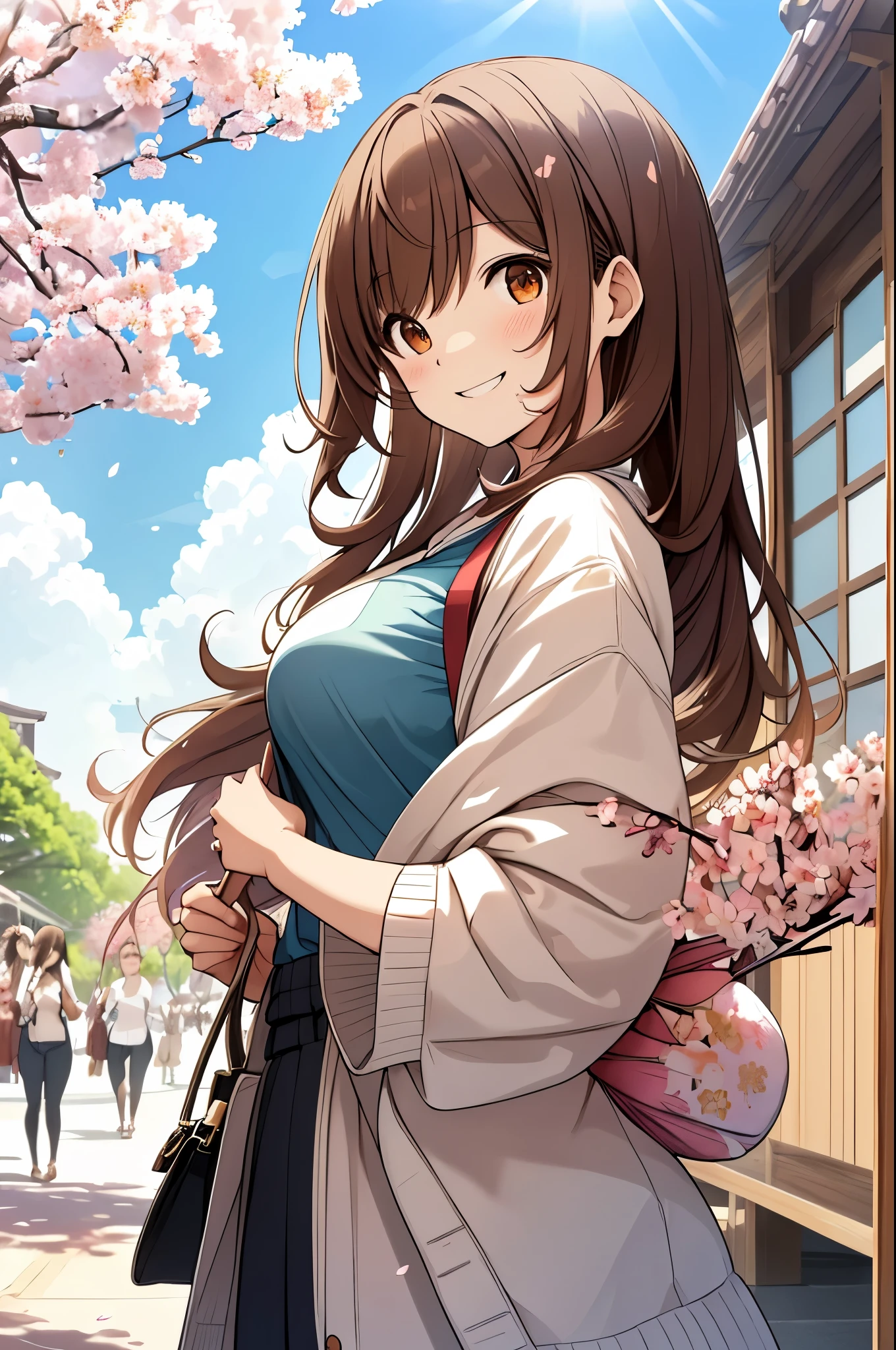 girl, on campus, cherry blossoms, simple canvas style painting style), (Bright and fresh color matching), (shy smile, natural behind the handle), (mid spring, 通りの両側には見事なcherry blossoms並木が) (beautiful blue sky and white clouds, soft and colorful, sunlight), simple background,brown hair