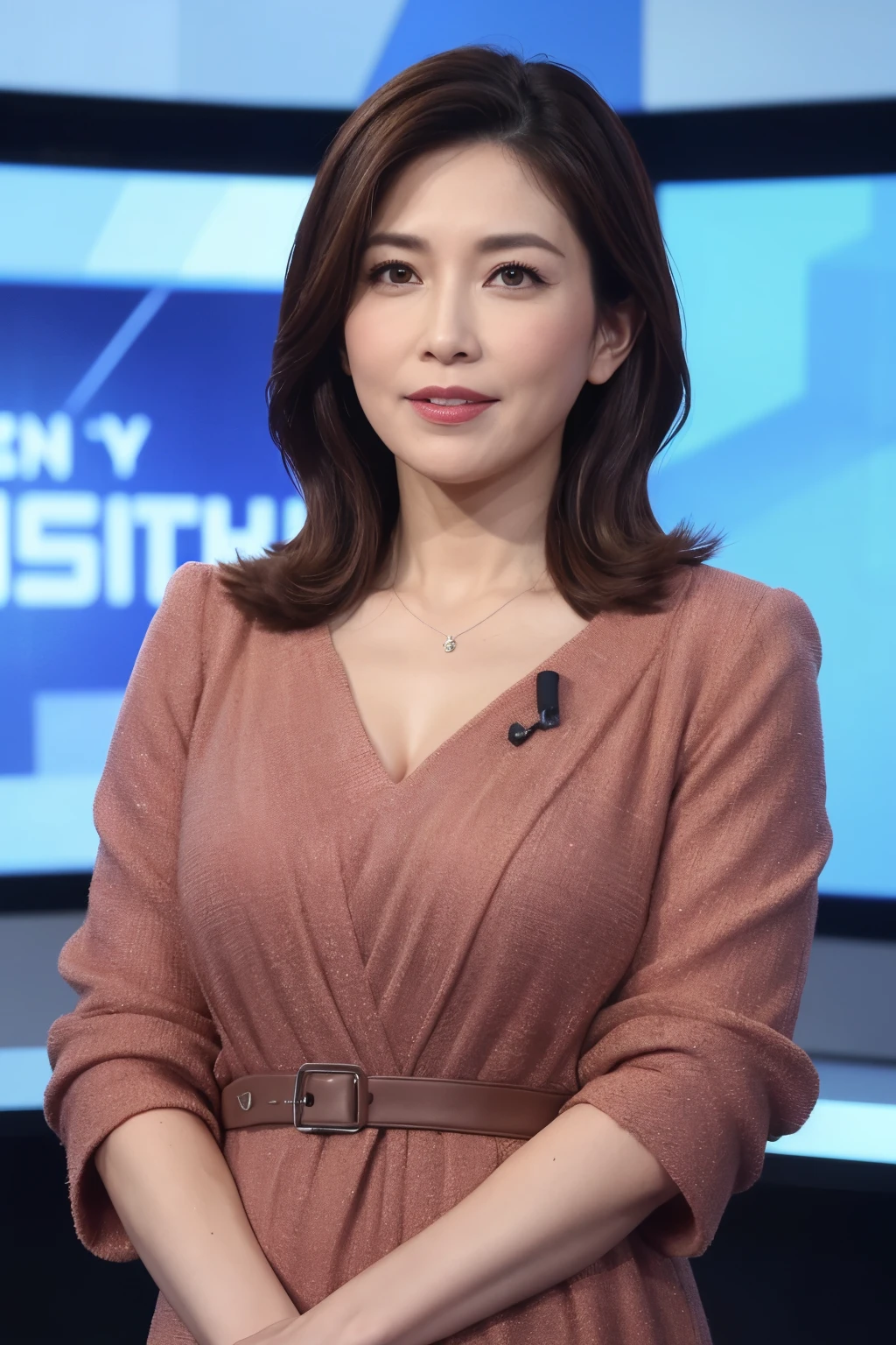 最high quality, 8K, Masseter muscle part, lively, sharp focus, high quality, High resolution, solo, middle-aged women, Beautiful woman, 35 years old, Full body Esbian, wearing high heels, highly detailed face, highly detailed eyes, thick lips, ((look at the audience)), Plump body shape, beautifully styled hair, Clothes with a large open chest、announcer、News studio background cleavage, brightly colored patterned dress, afternoon、