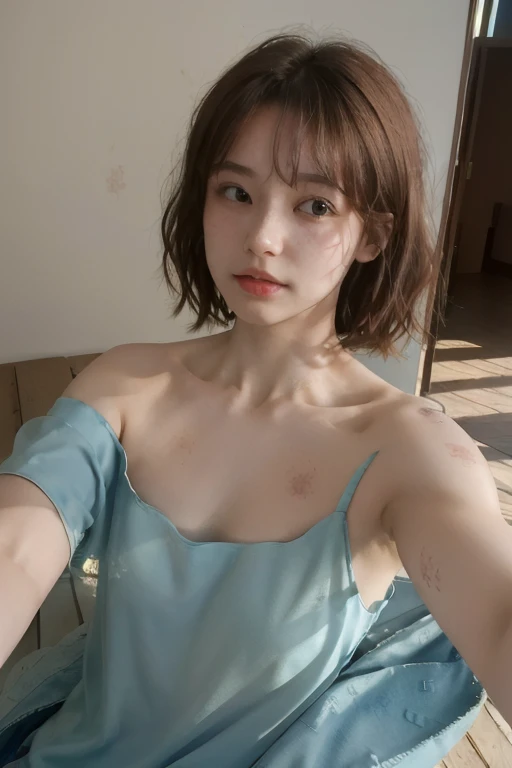 (masterpiece:1.3),(best quality:1.2),8k,absurdres,unity 8k wallpapper,
1girl,looking at viewer, collarbone,shirt,hickey, extremely delicate and beautiful},Outstanding light and shadow, highly detailed wallpaper,Clear and bright sunlight, taking a selfie