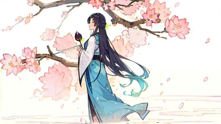 ((4k,masterpiece,highest quality)), Shuimobisim, traditional chinese ink painting, lotus, Hanfu, maxi kit, dress modestly, alone, blue long hair, smile, Are standing, barefoot,pure white background,cherry blossoms