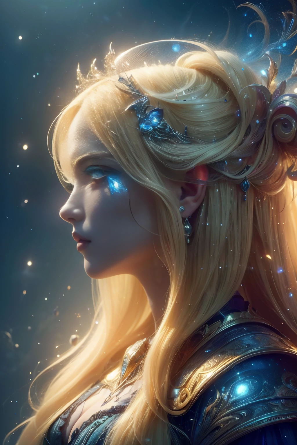 (extremely detailed CG unity 8k wallpaper,masterpiece, best quality, ultra-detailed),(best illumination, best shadow, an extremely delicate and beautiful),floating,high saturation,blonde hair+blue eyes:1.2,gloomy gothic scenery, long hair, gaze into the distance. (A beautiful girl with long blonde hair and blue eyes sparkling gothic lighting)