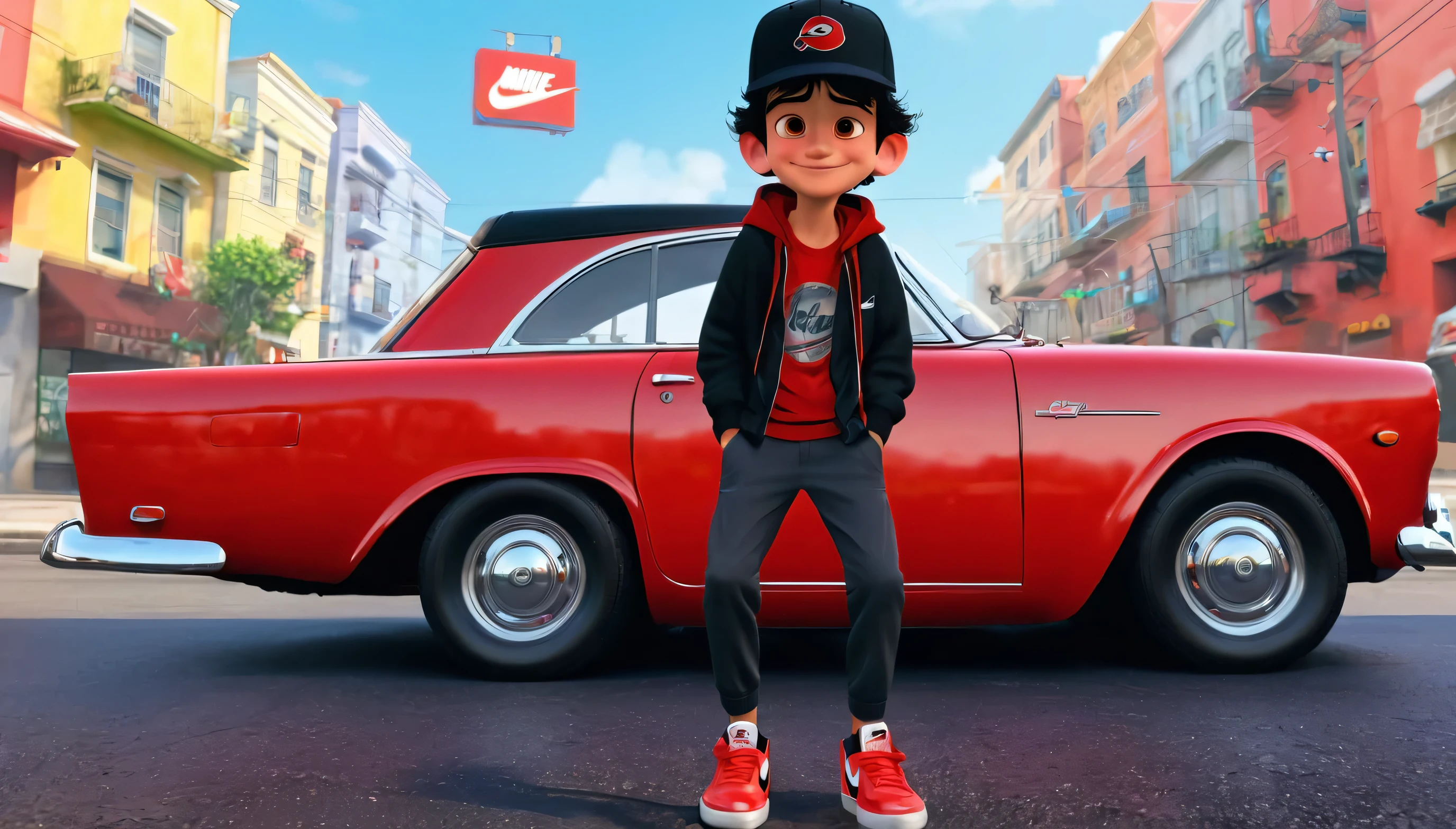 obra de arte, Melhor qualidade，foto de um menino fofo，16 anos，cabelo preto，with a black cap turned backwards, na cidade num passeio ，com uma calda meio larg, e com sapatos Que Nike, of a red car A happy expression。Estilo Pixar
INFO