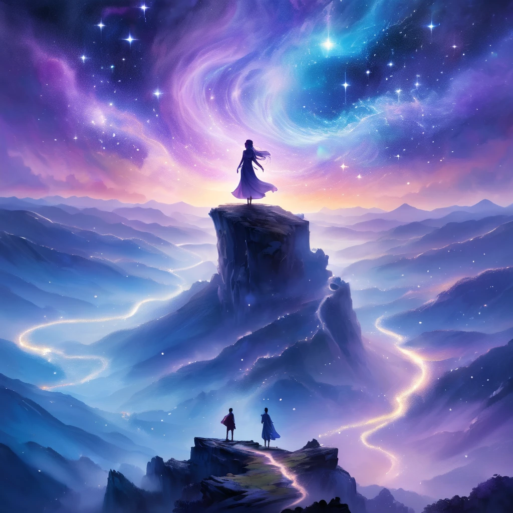 A figure stands on a cliff, enveloped in swirling streams of cosmic energy, amidst a dreamy, nebulous landscape. The silhouette of the person is wrapped in a flowing, ethereal gown that merges with the celestial currents. The sky is a tapestry of deep purples and blues, sprinkled with stars, and the landscape below is hinted at with soft, rolling mountains. The scene is one of tranquility and the sublime, capturing the majestic essence of the cosmos with a single, contemplative figure standing in awe.
