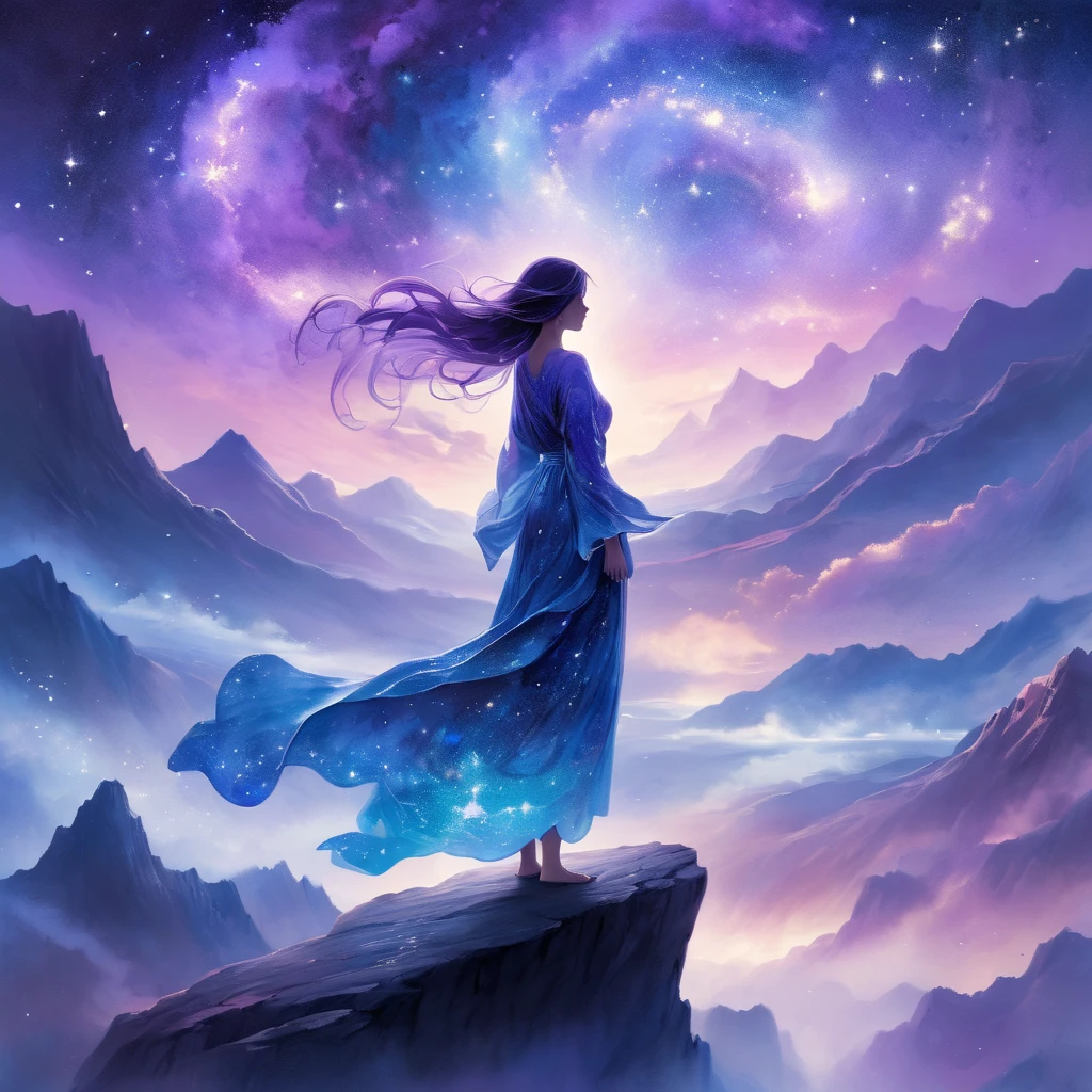 A figure stands on a cliff, enveloped in swirling streams of cosmic energy, amidst a dreamy, nebulous landscape. The silhouette of the person is wrapped in a flowing, ethereal gown that merges with the celestial currents. The sky is a tapestry of deep purples and blues, sprinkled with stars, and the landscape below is hinted at with soft, rolling mountains. The scene is one of tranquility and the sublime, capturing the majestic essence of the cosmos with a single, contemplative figure standing in awe.