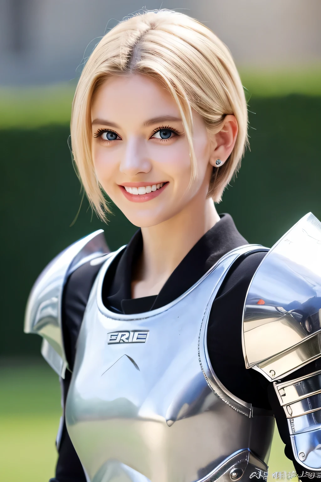8K、highest quality、female knight、The background is a castle、Luxurious Silver Armor、heavy equipment、hairstyle short cut、smile、beautiful teeth、full body photo、ear piercing、white woman、blonde、blue eyeouth open