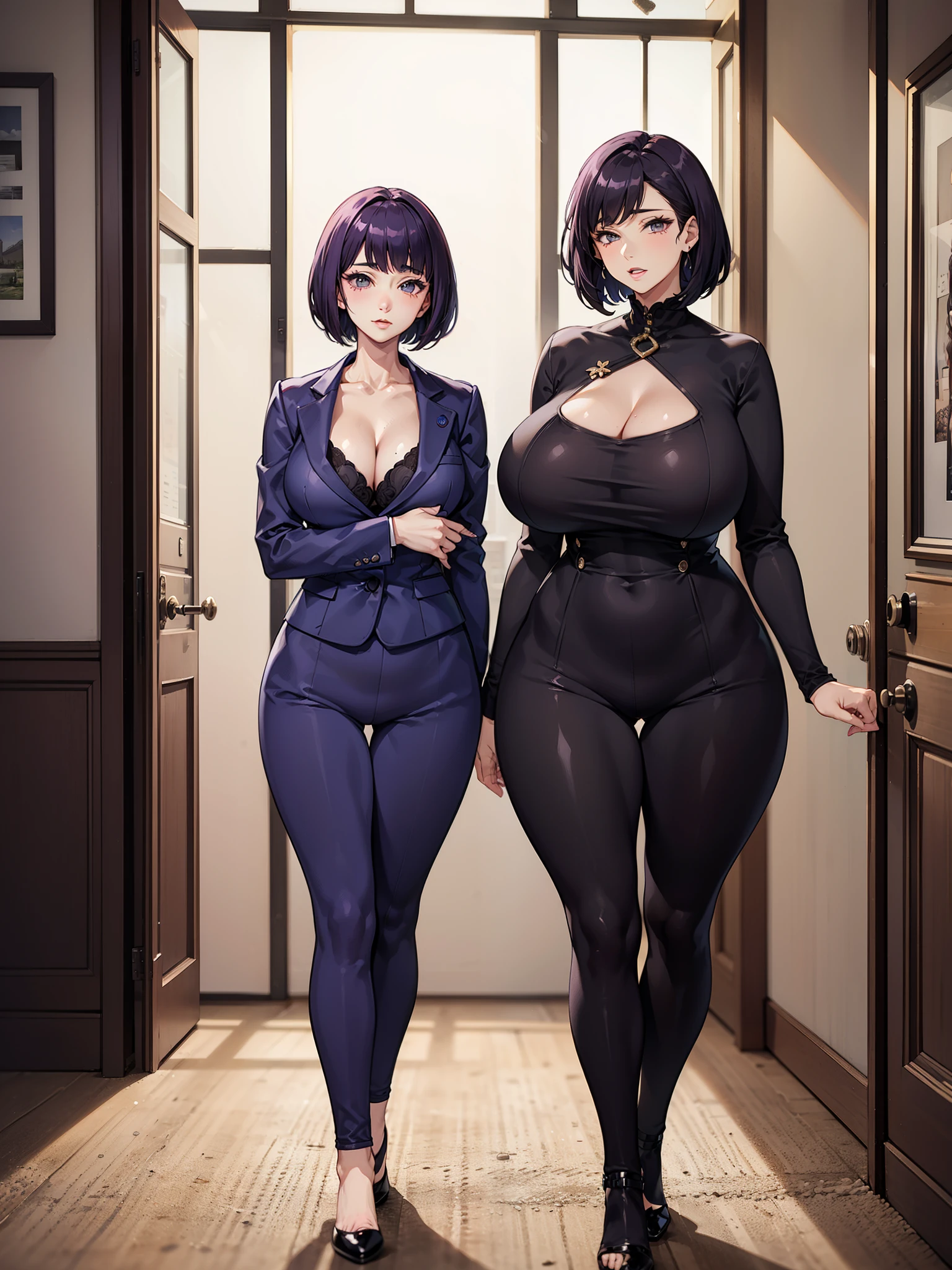 tall older woman in her 30s with short purple hair and a tall curvy busty body next to her daughter with a slim body and smaller breasts and in her 20s, olhos azuis