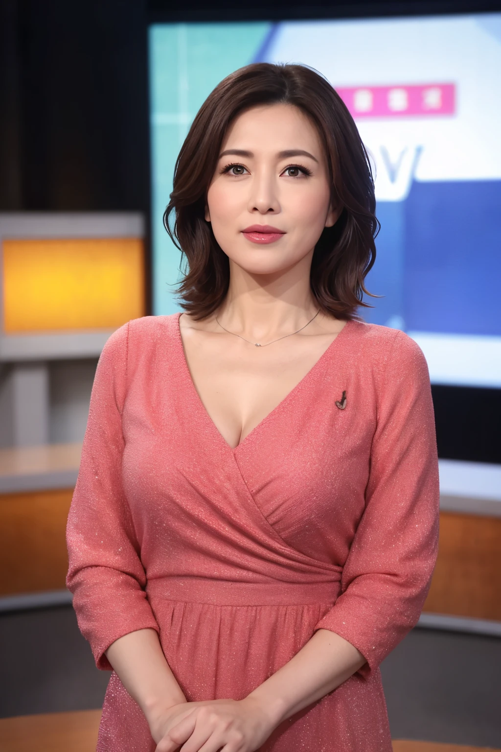 最high quality, 8K, Masseter muscle part, lively, sharp focus, high quality, High resolution, solo, middle-aged women, Beautiful woman, 35 years old, Full body Esbian, wearing high heels, highly detailed face, highly detailed eyes, thick lips, ((look at the audience)), Plump body shape, beautifully styled hair, Clothes with a large open chest、announcer、News studio background cleavage, brightly colored patterned dress, afternoon、