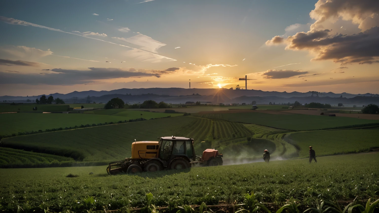 Create a digital art piece with some noise injection in it. that contrasts the traditional, organic farming practices of Indian farmers with the modern, industrialized agriculture system. In the foreground, depict a serene scene of a farmer tending to their lush, diverse crop field using traditional organic methods, with vibrant colors and intricate details. Incorporate elements like a farmer's hand gently holding a handful of fertile soil, a pair of bullocks plowing the field, and a variety of indigenous crops like rice, wheat, and vegetables. In the background, show a stark contrast with a factory-like setting representing the capitalistic world's influence on agriculture. Include elements like towering smokestacks billowing black smoke, large machinery harvesting uniform rows of crops, and workers handling synthetic pesticides and fertilizers. The sky in the background could be darkened and polluted, symbolizing the environmental impact of industrialized agriculture. The overall composition should create a striking visual contrast between the harmonious, sustainable organic farming practices and the harsh, exploitative nature of the capitalistic, industrial agricultural system. Use bold colors, textures, and symbolism to convey the message of promoting organic farming and criticizing the green revolution's negative impacts on traditional farming methods and the environment