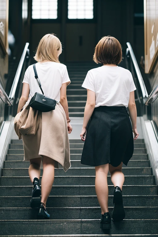 グレーのスウェットパンツをはいた女性と白のスウェットパンツをはいた女性が並んでwalking,Both in white T-shirts,  view from behind、top quality、realistic、One has short hair and the other has long blonde hair.、Climbing the stairs at Tokyo Station、walking、smaller butt