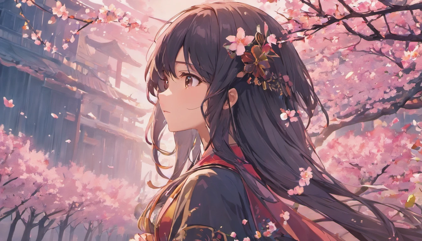 masterpiece, highest quality, super resolution, super detailed, 1 Silhouette of a girl, black long hair, long hair fluttering in the wind, perfect face, super detailed face, low length, white hanfu, pure white background,cherry blossoms,cherry blossomsの道を歩く,City,Background center