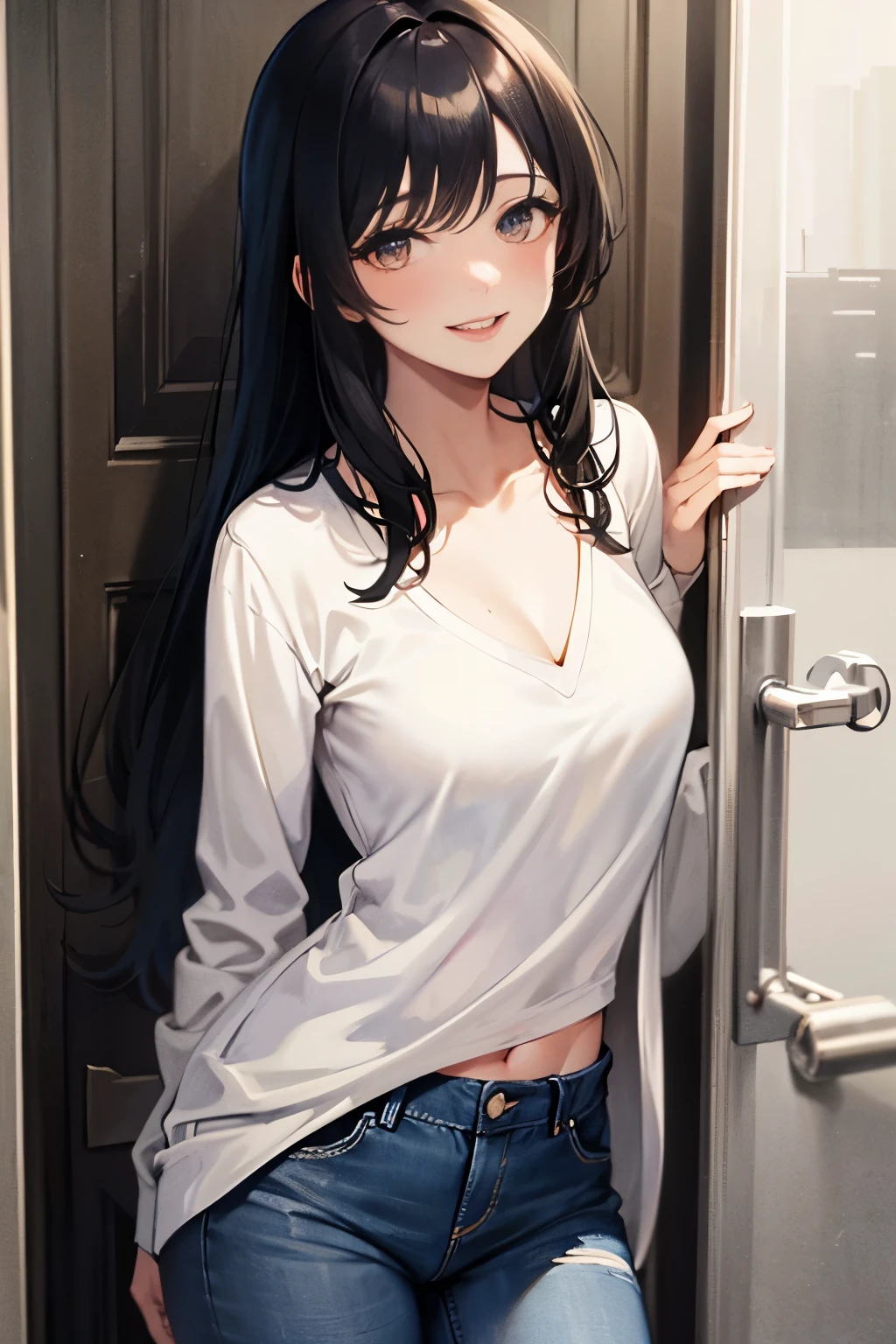 Amazing portrait of a sexy woman wearing her long straight luscious black hair, seductively gazing and smiling, soft lips, parted, blushing intensely, smiling, white t shirt, grey cardigan, baggy jeans, medium chest, perfect body