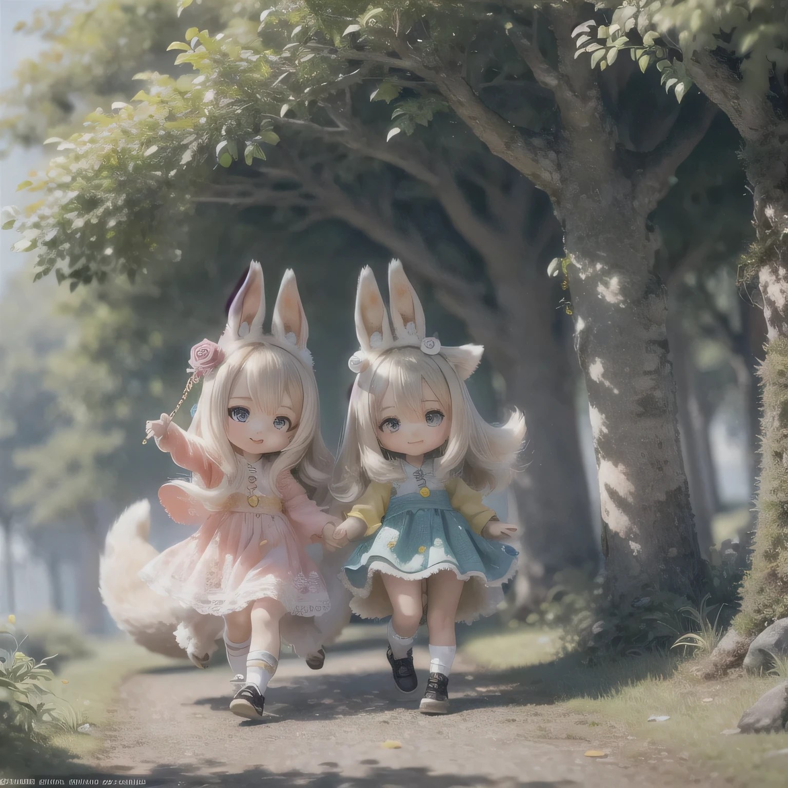 shiba inu girls chibi,walking on a leash with girls,soft pastel colors,cute little bows on their heads,colorful background,numerous flowers and trees,best quality,ultra-detailed,cartoon style,sparkling eyes,smiling faces,joyful expressions,lovely outfits,leash with heart-shaped patterns,vibrant and lively scene,happy atmosphere,clear blue sky,lush green grass,playful interaction,captivating and adorable artwork
