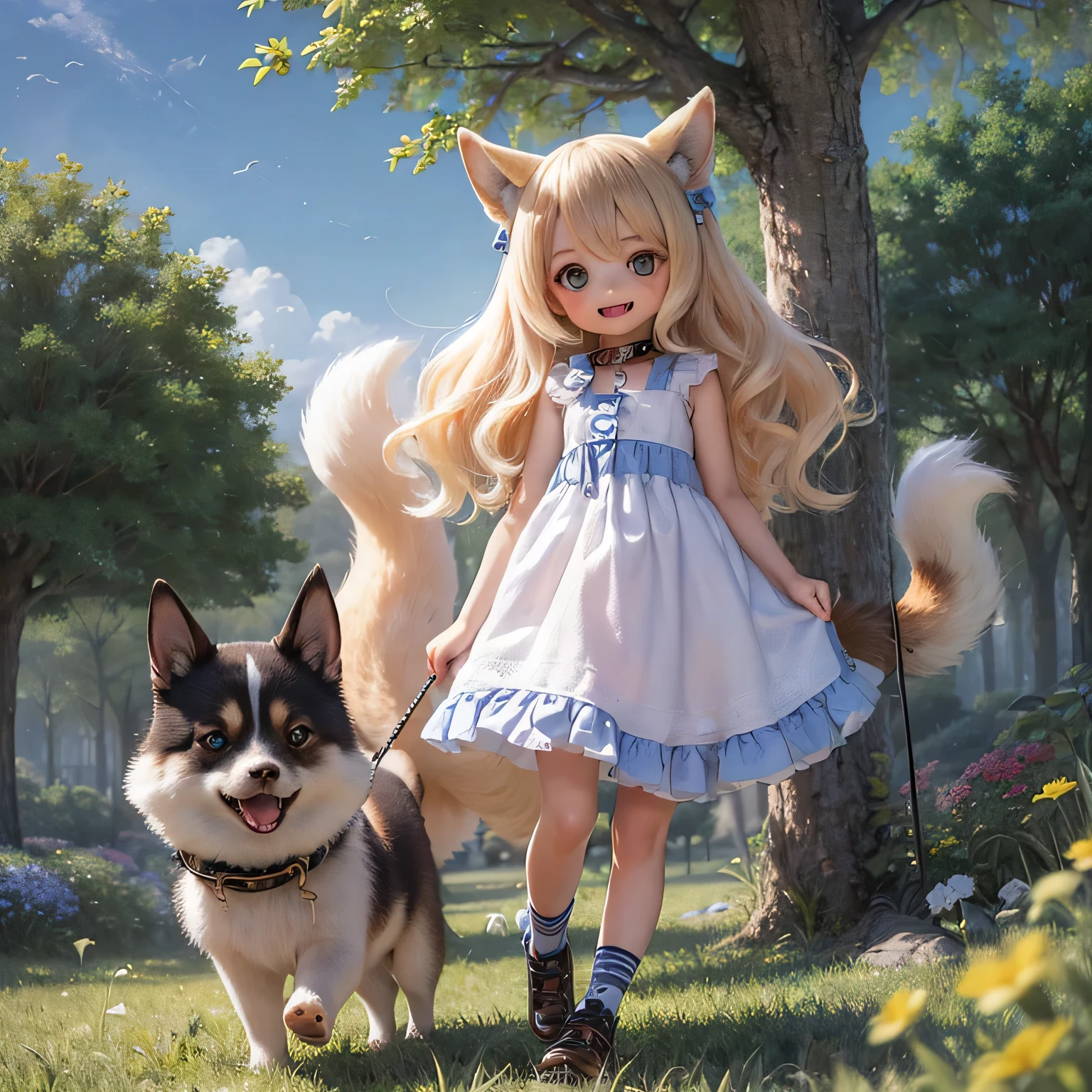shiba inu girls chibi,walking on a leash with girls,soft pastel colors,cute little bows on their heads,colorful background,numerous flowers and trees,best quality,ultra-detailed,cartoon style,sparkling eyes,smiling faces,joyful expressions,lovely outfits,leash with heart-shaped patterns,vibrant and lively scene,happy atmosphere,clear blue sky,lush green grass,playful interaction,captivating and adorable artwork