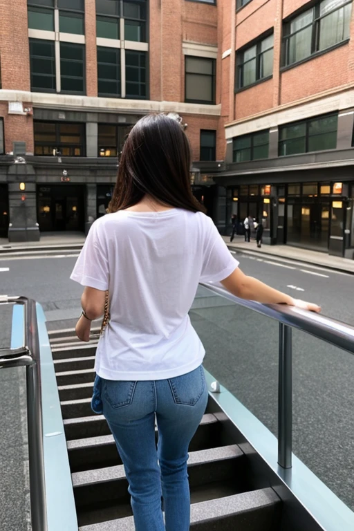 グレーのスウェットパンツをはいた女性と白のスウェットパンツをはいた女性が並んでwalking,Both in white T-shirts, view from behind、top quality、realistic、Climbing the stairs at Tokyo Station、walking、smaller butt