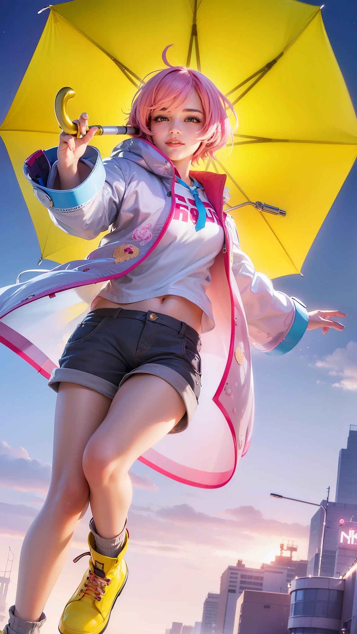girl with pink hair holding a umbrella, red lips glossy, 8k, ultra hd, ultra detailed texture, hyper realistic, masterpiece, detailed texture, detailed face, detailed skin, detailed lighting, (photorealistic:1.5), best quality, beautiful lighting, cinematic lighting, professional lighting, ultra highres, realistic, detailed hair, real hair, high quality, (realskin:1.5), extremely detailed, finely detail, ultra-detailed, smile, pink eyes.