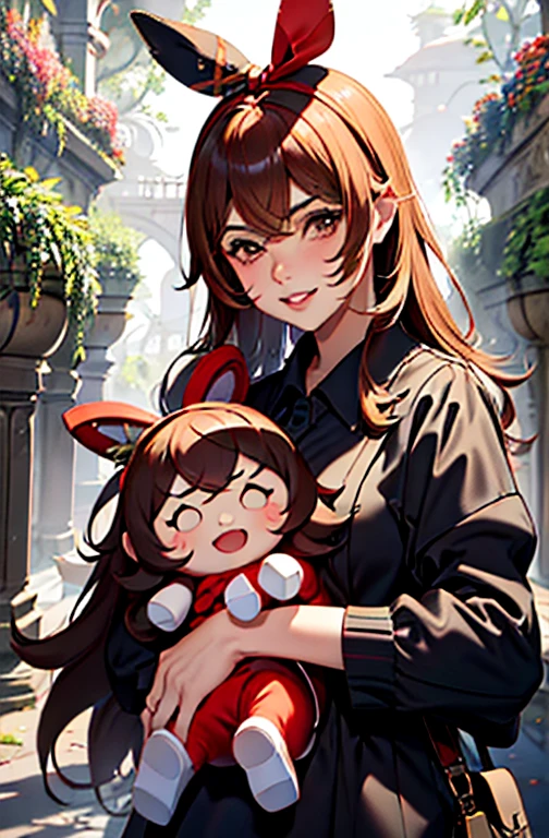 fundo, Fantasia, Fantastic, Fantasia, Jardim de flores, Dome, garota, garota anime, cabelos castanhos, cabelos grandes, cabelos longos, garota sorrindo, roupas vermelhas, red bow on head, garota bonita, sozinha, Sorrindo