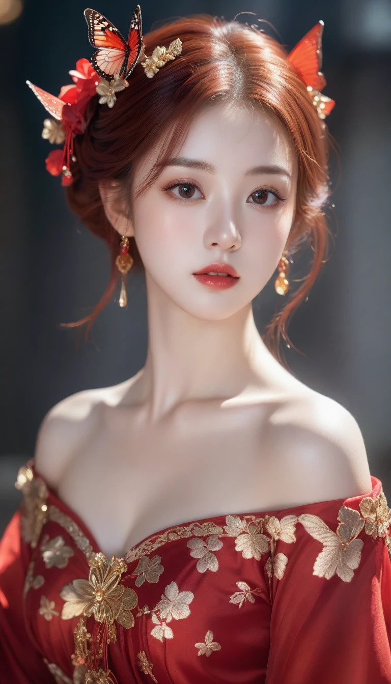 anime girl with red hair and a red dress with a butterfly in her hair, 8k high quality detailed art, 8k)), palace ， a girl in hanfu, by Fan Qi, beautiful digital artwork, a beautiful artwork illustration, by Li Song, 4k highly detailed digital art, chinese style, inspired by Ai Xuan, by Yang J