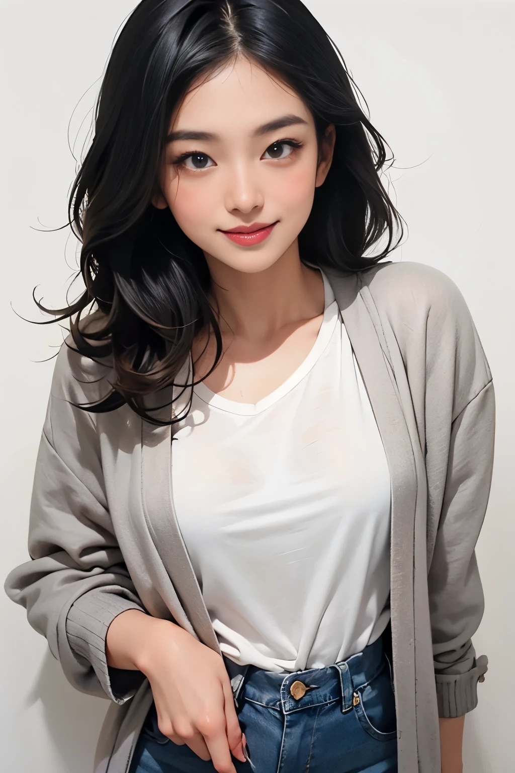 Amazing portrait of a sexy woman wearing her long straight luscious black hair, seductively gazing and smiling, soft lips, parted, blushing intensely, smiling, white t shirt, grey cardigan, baggy jeans, medium chest, perfect body