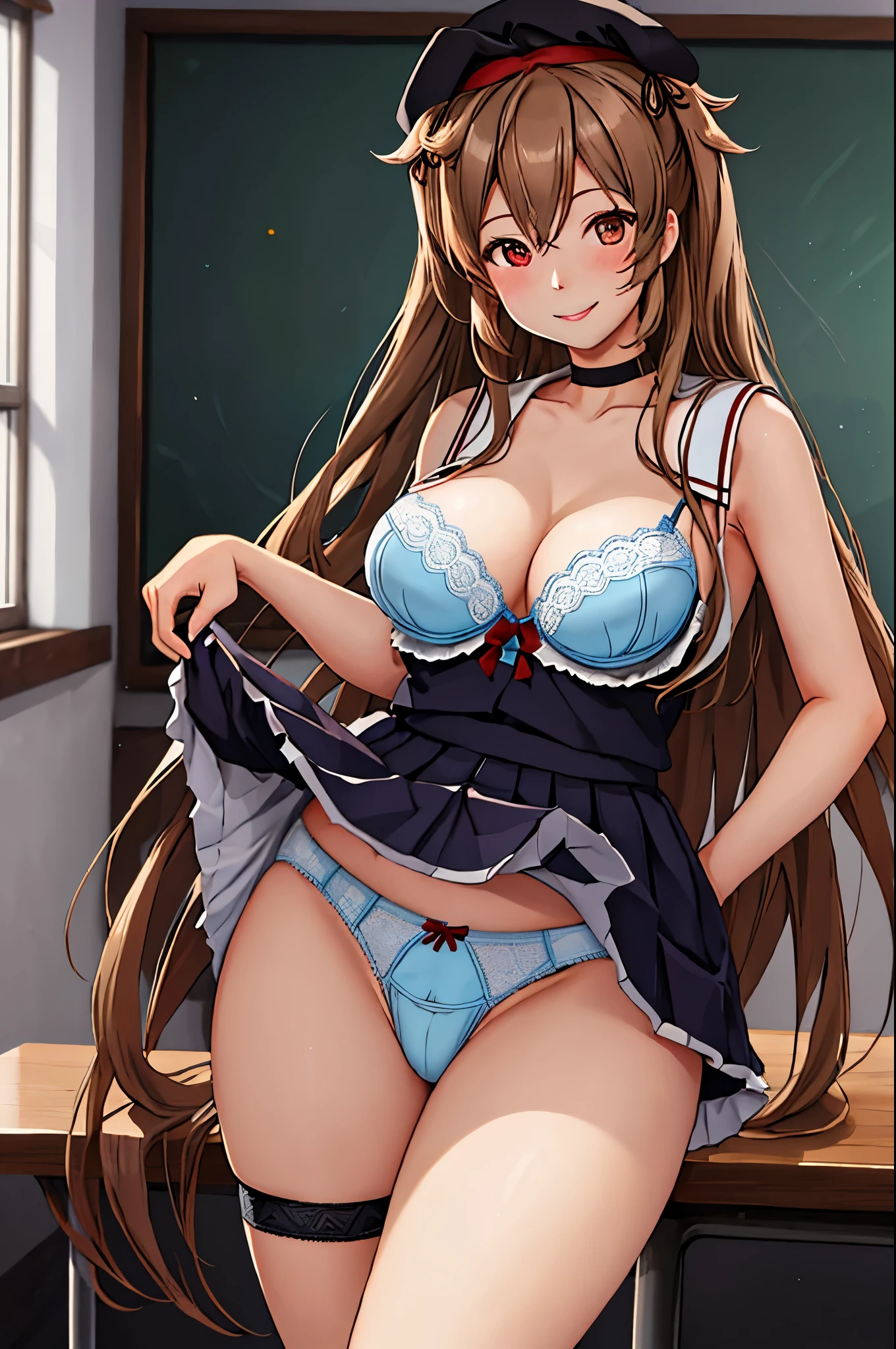 highest quality, masterpiece, High resolution, 1 girl, (Murasame Change two Fleet Collection:1.15), long hair, Light brown hair, brown eyes, red eyes, ribbon, smile, black sailor uniform, pleated skirt, black beret, classroom background, big breasts, slender body, Full body figure, skirt lift, (panties), (bra), squat, (flashy underwear), (light blue underwear))