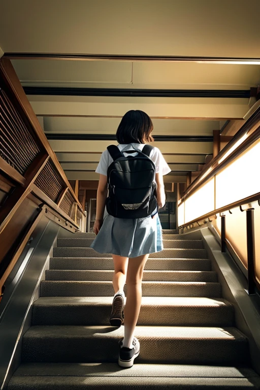 グレーのスウェットパンツをはいた女性と白のスウェットパンツをはいた女性が並んでwalking,Both in white T-shirts, view from behind、top quality、realistic、Climbing the stairs at Tokyo Station、walking、smaller butt