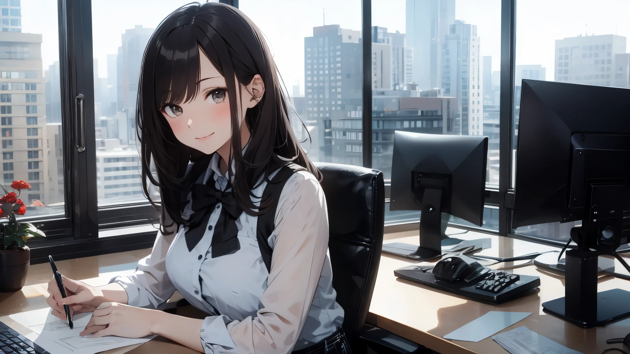 1lady standing, (holding a proposal), office worker, (vest with white and gray checks:1.2) (pencil skirt) bowtie, mature female, /(dark brown hair/) bangs, blush kind smile, (masterpiece best quality:1.2) delicate illustration ultra-detailed, large breasts BREAK (modern office indoors), window skyscraper, detailed background