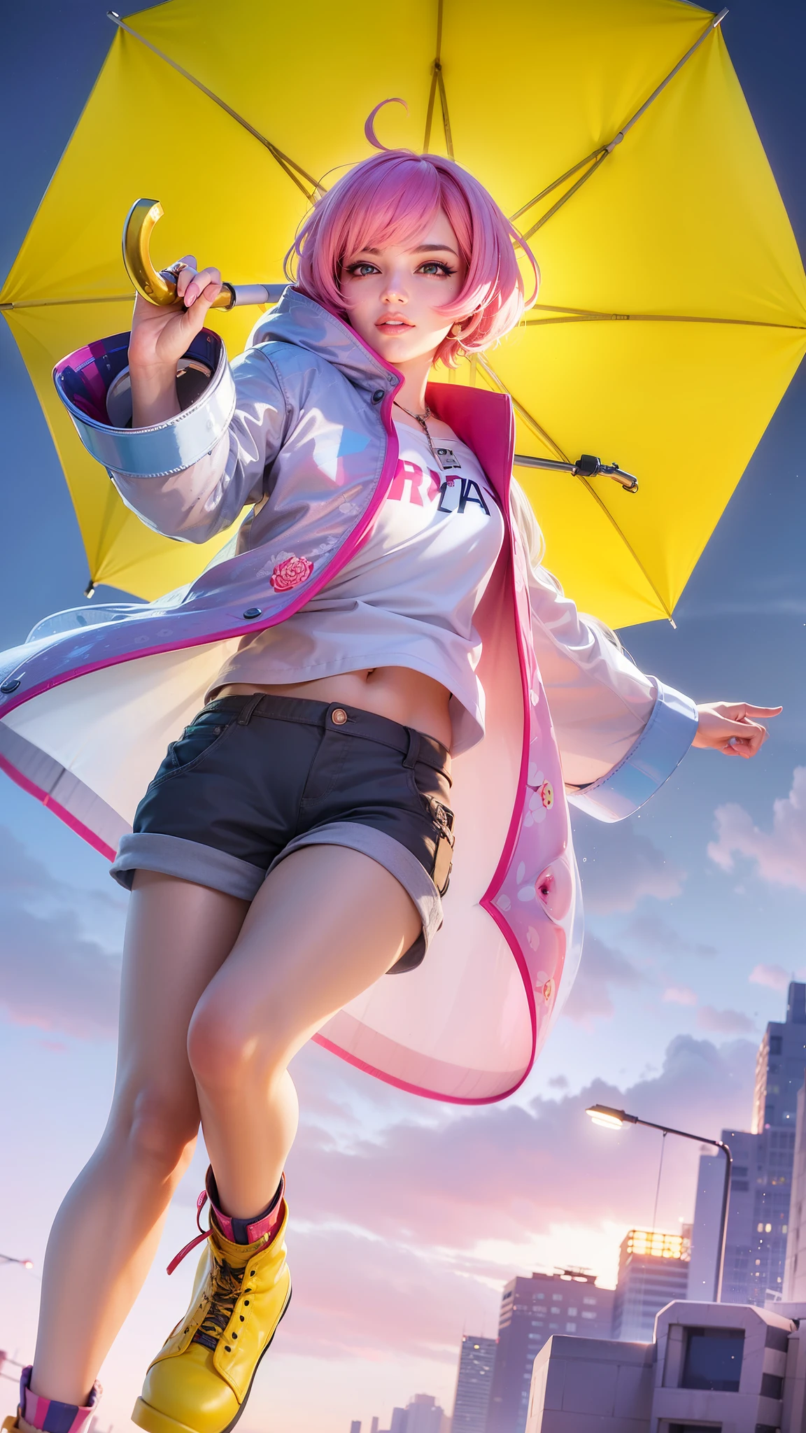 girl with pink hair holding a umbrella, red lips glossy, 8k, ultra hd, ultra detailed texture, hyper realistic, masterpiece, detailed texture, detailed face, detailed skin, detailed lighting, (photorealistic:1.5), best quality, beautiful lighting, cinematic lighting, professional lighting, ultra highres, realistic, detailed hair, real hair, high quality, (realskin:1.5), extremely detailed, finely detail, ultra-detailed, smile, pink eyes.