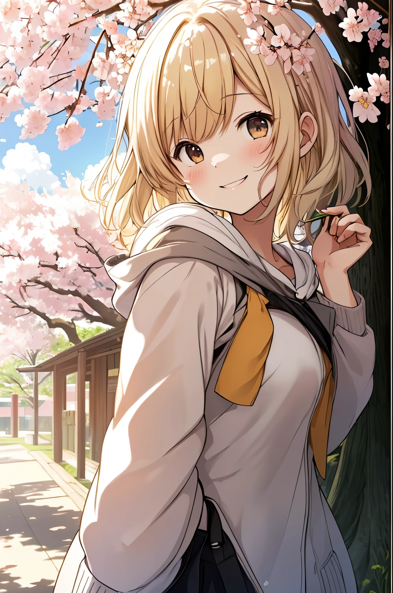 girl, on campus, cherry blossoms, simple canvas style painting style), (Bright and fresh color matching), (shy smile, natural behind the handle), (mid spring, 通りの両側には見事なcherry blossoms並木が) (beautiful blue sky and white clouds, soft and colorful, sunlight), simple background,blonde
