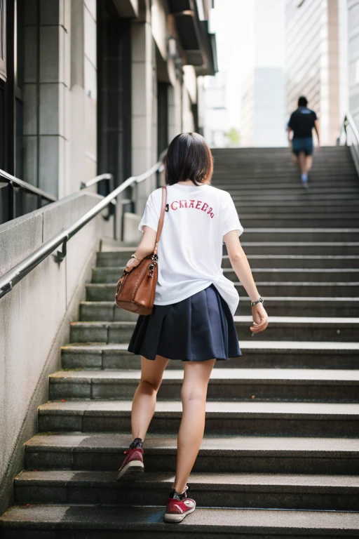 グレーのスウェットパンツをはいた女性がwalking,white t-shirt,  view from behind、top quality、realistic、Climbing the stairs at Tokyo Station、walking、smaller butt