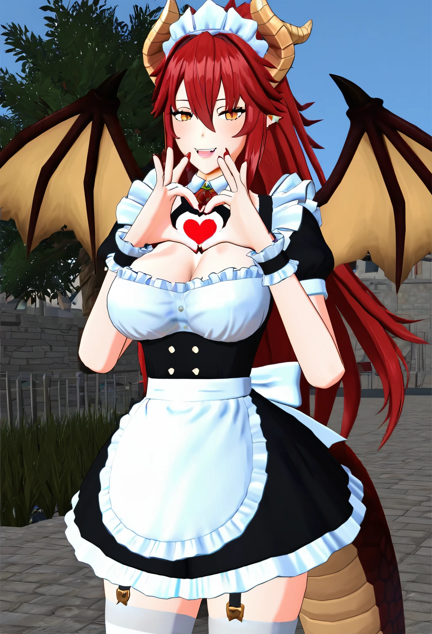 (8k, RAW photos, top quality, masterpiece: 1.2), Zentreya, 3d, 3d render, red hair, maid outfit, cleavage, horns, dragon wings, making a heart with hands,