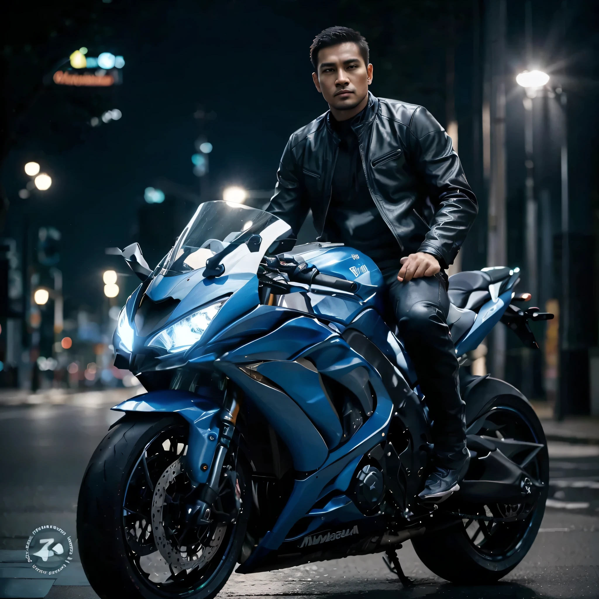 create realistic image a handsome indonesian man sitting pose on a sleek, blue kawasaki ninja 1000RR sports motorcycle at night. The individual wears a black leather jacket, adding to the urban and modern aesthetic of the scene. The motorcycle’s vibrant blue color stands out against the dark background. Ambient city lights illuminate the surroundings, creating contrasts of light and shadow, 800mm lens, realistic , hyperrealistic, photography, professional photography, deep photography, ultra HD, very high quality, best quality, mid quality, HDR photo, focus photo, deep focus, very detailed, original photo, original photo, ultra sharp, nature photo, masterpiece, award winning, shot with hasselblad x2d