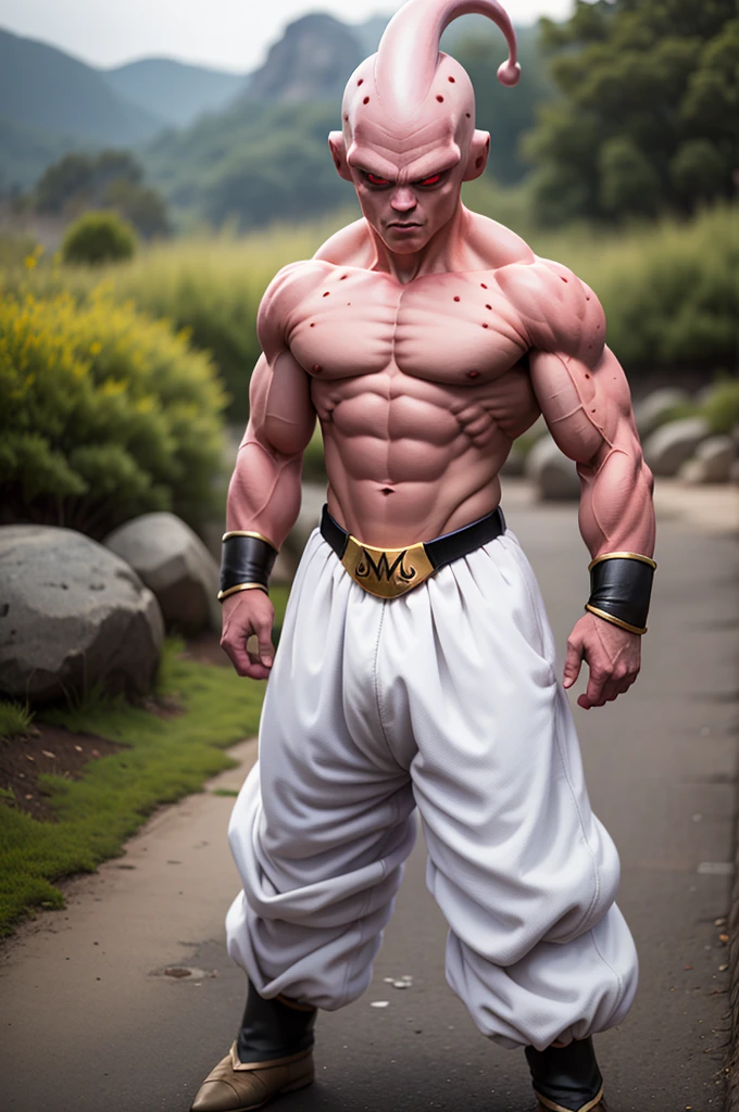 mj-kb, Majin Buu,boy, athletic body, black sclera, red pupil, pink skin, shirtless, white pants, harem pants, m on belt,
looking at viewer, serious, standing, outdoors,
Planet background, , extremely detailed, HDR,