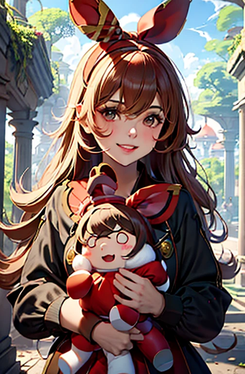 fundo, Fantasia, Fantastic, Fantasia, Jardim de flores, Dome, garota, garota anime, cabelos castanhos, cabelos grandes, cabelos longos, garota sorrindo, roupas vermelhas, red bow on head, garota bonita, sozinha, Sorrindo