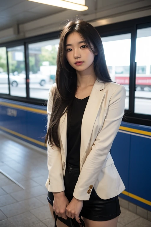 A girl with long hair waiting for someone at the station