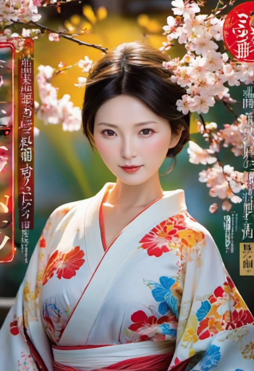 magazine cover，40-year-old woman with short hair wearing kimono has very delicate eyes，sleep in bed, glowing skin，，big breasts（（（masterpiece）））， （（best quality））， （（intricate details））， （（surreal））（8K）