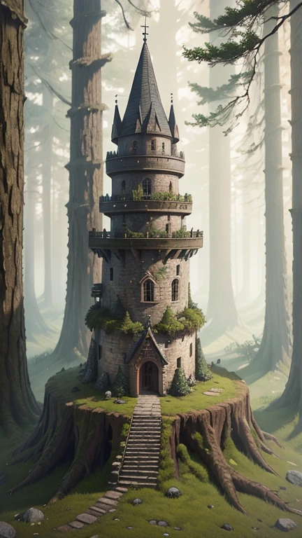 A medieval tower made of mossy stones on the edge of a forest surrounded by spreading oaks and spruces; high quality textures, ultra-realistic environment, many small details, Intricate details