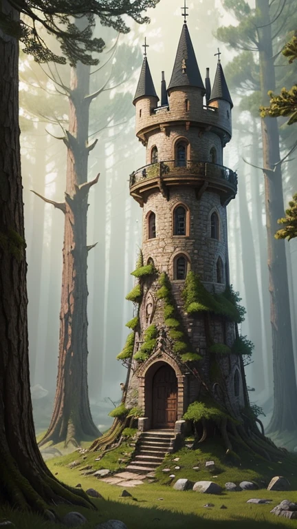 A medieval tower made of mossy stones on the edge of a forest surrounded by spreading oaks and spruces; high quality textures, ultra-realistic environment, many small details, Intricate details 